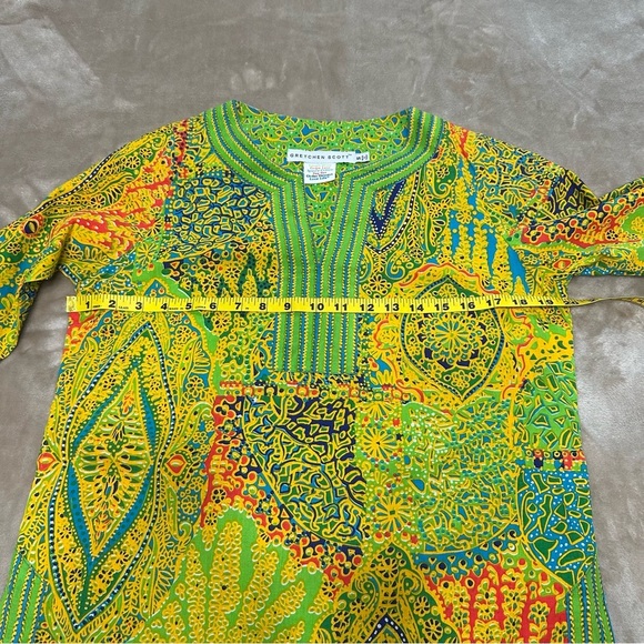 Gretchen Scott Top Tunic Green Geometric V-Neck Pullover Artsy Colorful Small - Picture 6 of 8